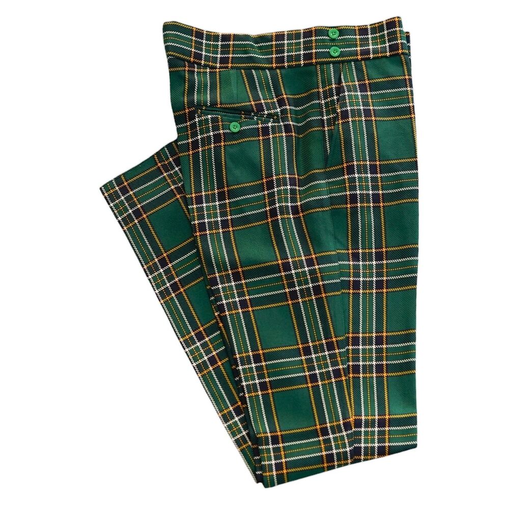 Mens 36 Green Tartan Plaid Wool Gurkha Pants Flat Front Slim Fit Dress Trousers